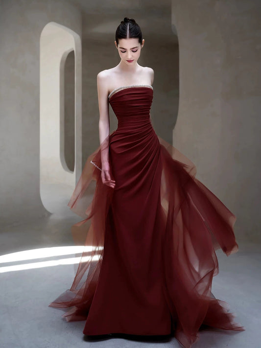 Classy Women's Mermaid Strapless Burgundy Tulle Maxi Dress Date Night Outfits Semi Formal Prom Dresses RB5200