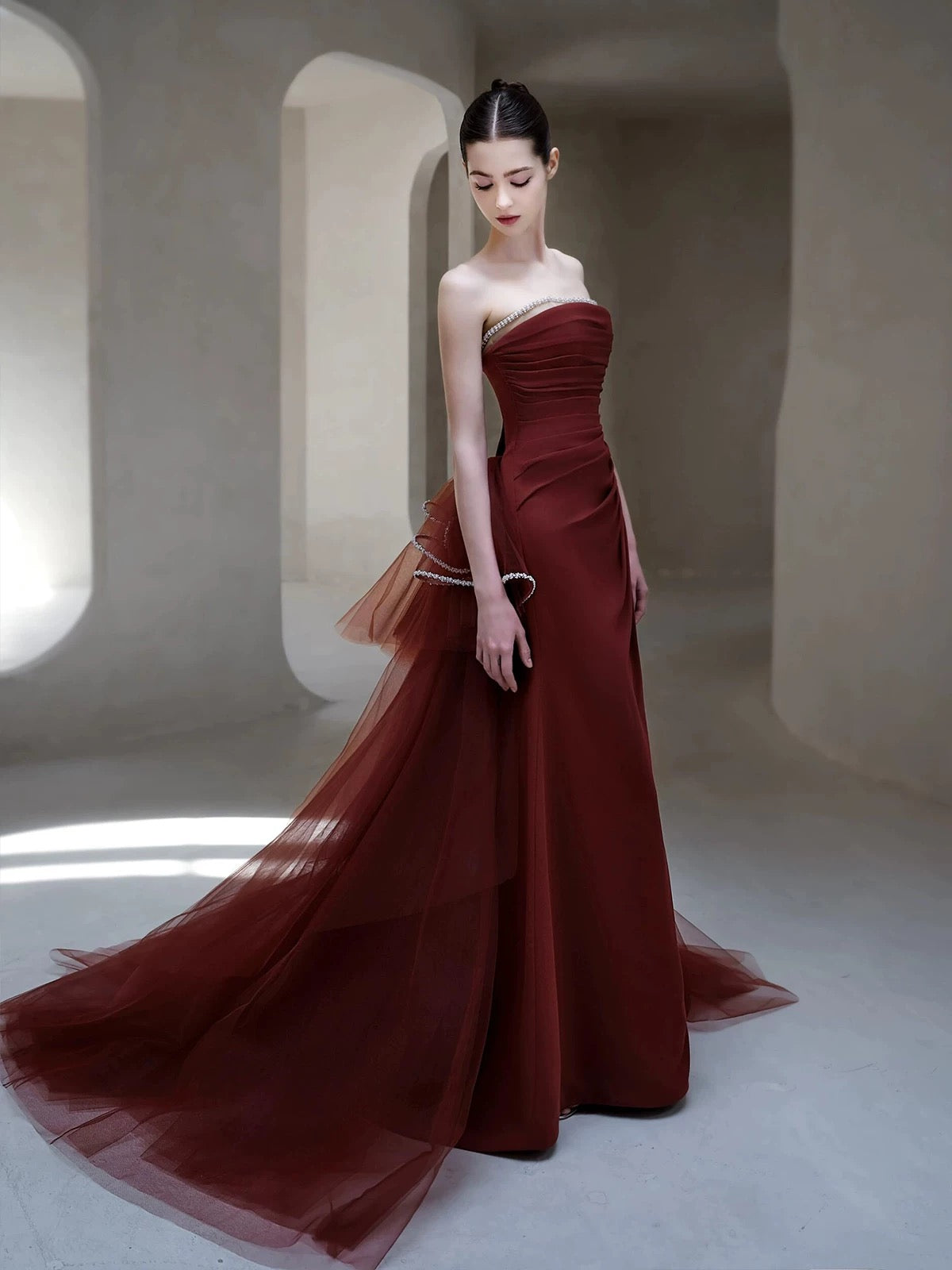 Classy Women's Mermaid Strapless Burgundy Tulle Maxi Dress Date Night Outfits Semi Formal Prom Dresses RB5200