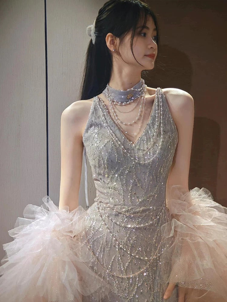 Sparkly Mermaid V Neck Silver Sequined With Beading Long Prom Evening Dresses Inspo Evening Outfits RB5201