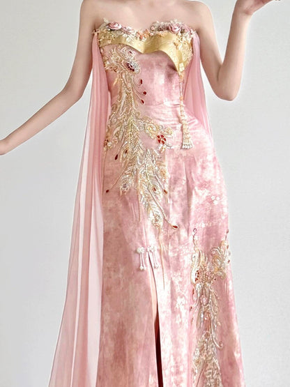 Classy Women's Mermaid Sweetheart Pink Satin Slit Maxi Dress Date Night Outfits Semi Formal Prom Dresses RB5202