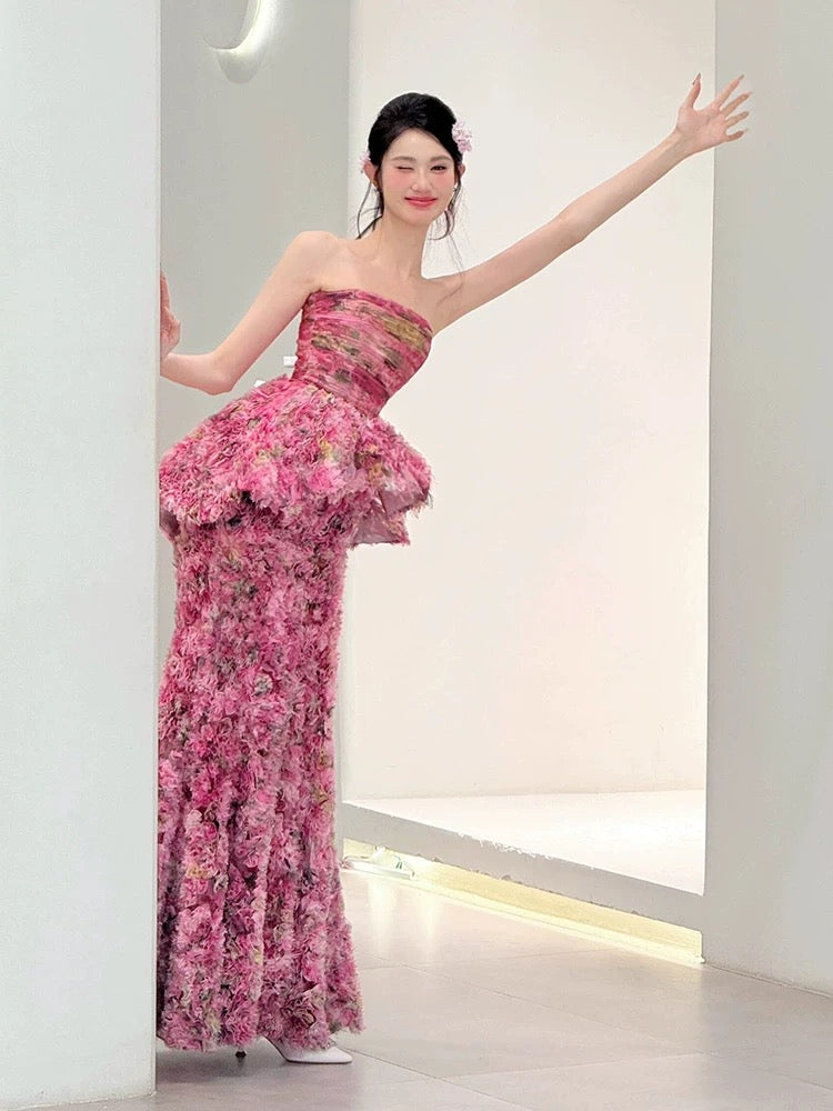 Beautiful Women's Mermaid Strapless Pink Tulle Floral Maxi Dress Date Night Outfits Semi Formal Prom Dresses RB5205