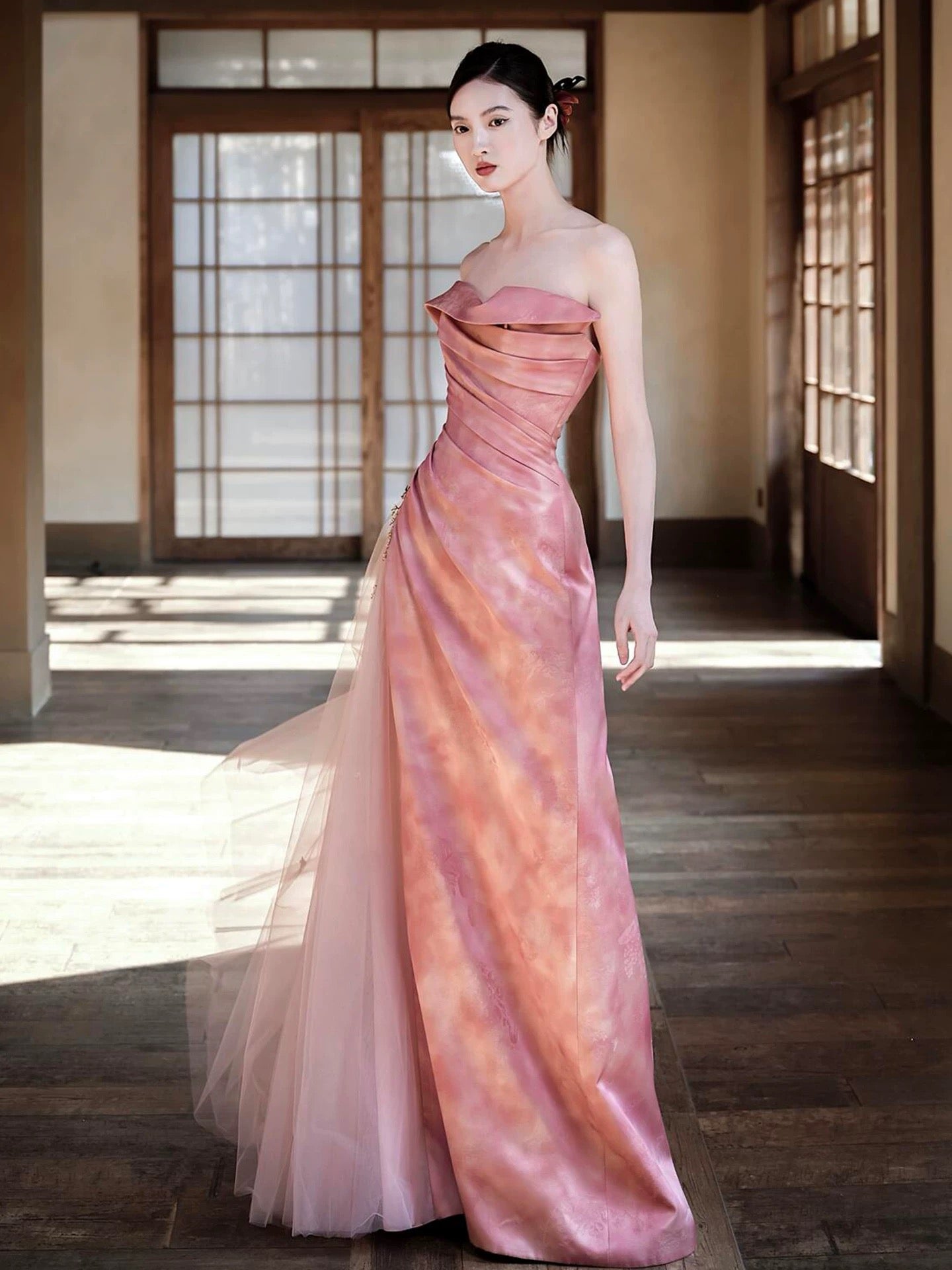 Beautiful Women's Mermaid Strapless Pink Satin Maxi Dress Date Night Outfits Semi Formal Prom Dresses RB5206