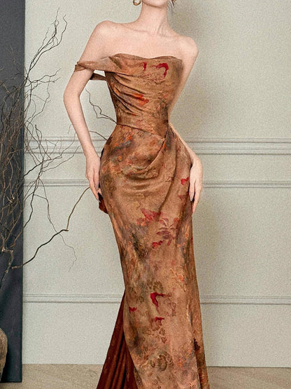 Beautiful Women's Mermaid Strapless Brown Satin Maxi Dress Date Night Outfits Semi Formal Prom Dresses RB5208