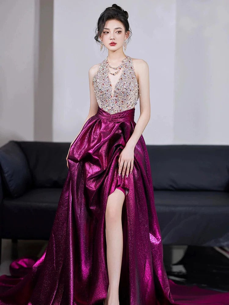 Sparkly A Line V Neck Silver Sequined With Beading Slit Long Prom Evening Dresses Inspo Evening Outfits RB5207