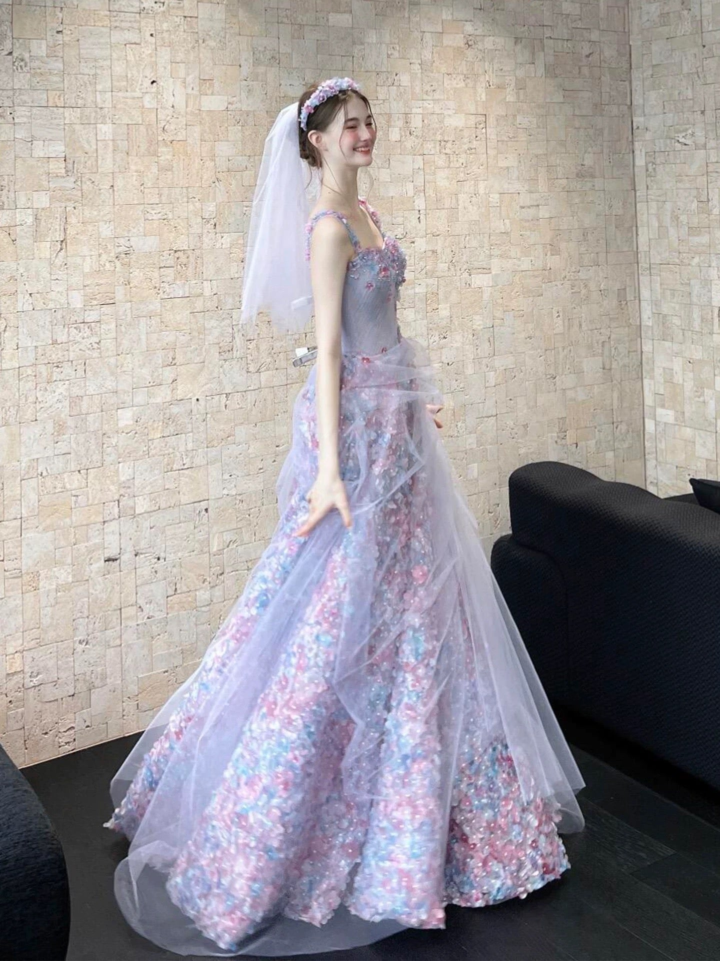 Beautiful Women's A line Square Neck Lilac Tulle Maxi Dress Date Night Outfits Semi Formal Prom Dresses RB5209