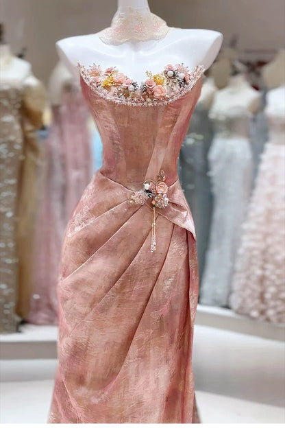 Pretty Women's Mermaid Strapless Pink Satin Maxi Dress Date Night Evening Outfit Semi Formal Prom Dresses RB5228