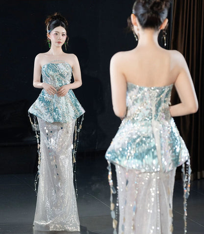 Sparkly Mermaid Strapless Silver Sequined With Beading Long Prom Evening Dresses Inspo Evening Outfits RB5210