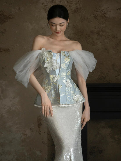 Sparkly Mermaid Strapless Sequined With Beading Long Prom Evening Dresses Inspo Evening Outfits RB5212