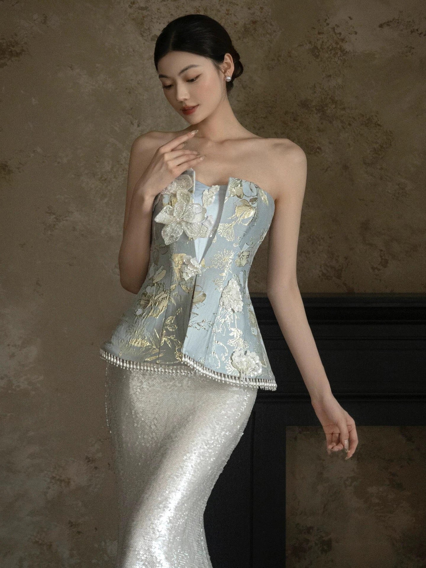 Sparkly Mermaid Strapless Sequined With Beading Long Prom Evening Dresses Inspo Evening Outfits RB5212