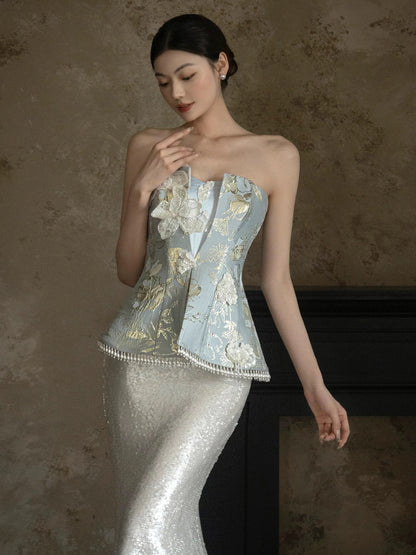 Sparkly Mermaid Strapless Sequined With Beading Long Prom Evening Dresses Inspo Evening Outfits RB5212