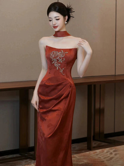 Beautiful Women's Mermaid Strapless Rust Red Maxi Dress Date Night Outfits Semi Formal Prom Dresses RB5213