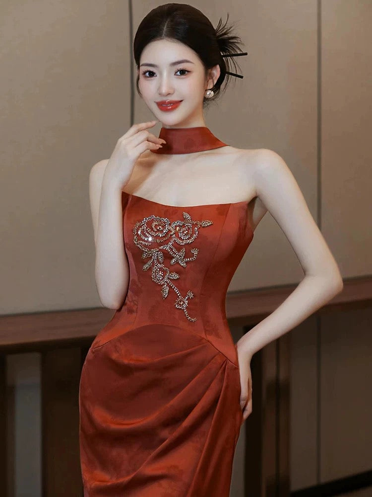 Beautiful Women's Mermaid Strapless Rust Red Maxi Dress Date Night Outfits Semi Formal Prom Dresses RB5213