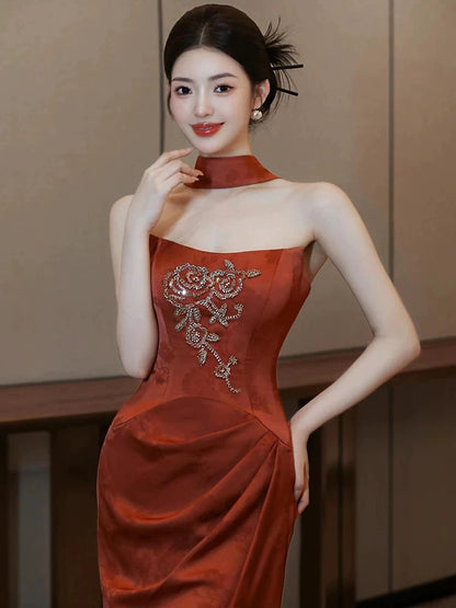 Beautiful Women's Mermaid Strapless Rust Red Maxi Dress Date Night Outfits Semi Formal Prom Dresses RB5213