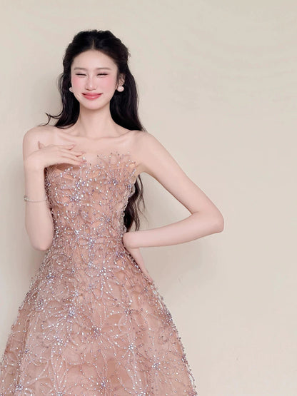 Beautiful Women's A Line Strapless Pink Lace Maxi Dress Date Night Outfits Semi Formal Prom Dresses RB5215