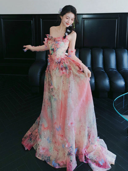 Beautiful Women's A Line Strapless Pink Lace Maxi Dress Date Night Evening Outfit Semi Formal Prom Dresses RB5216