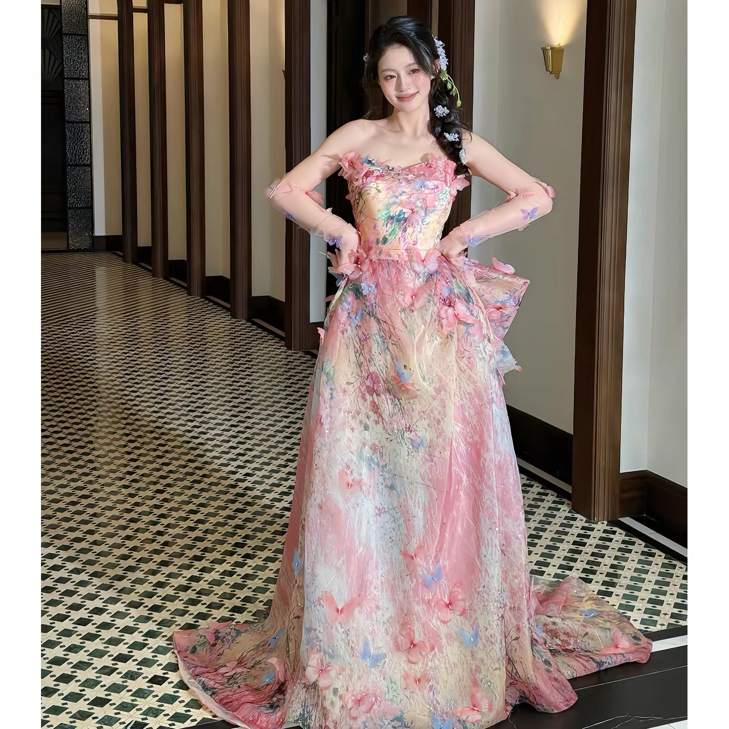 Beautiful Women's A Line Strapless Pink Lace Maxi Dress Date Night Evening Outfit Semi Formal Prom Dresses RB5216