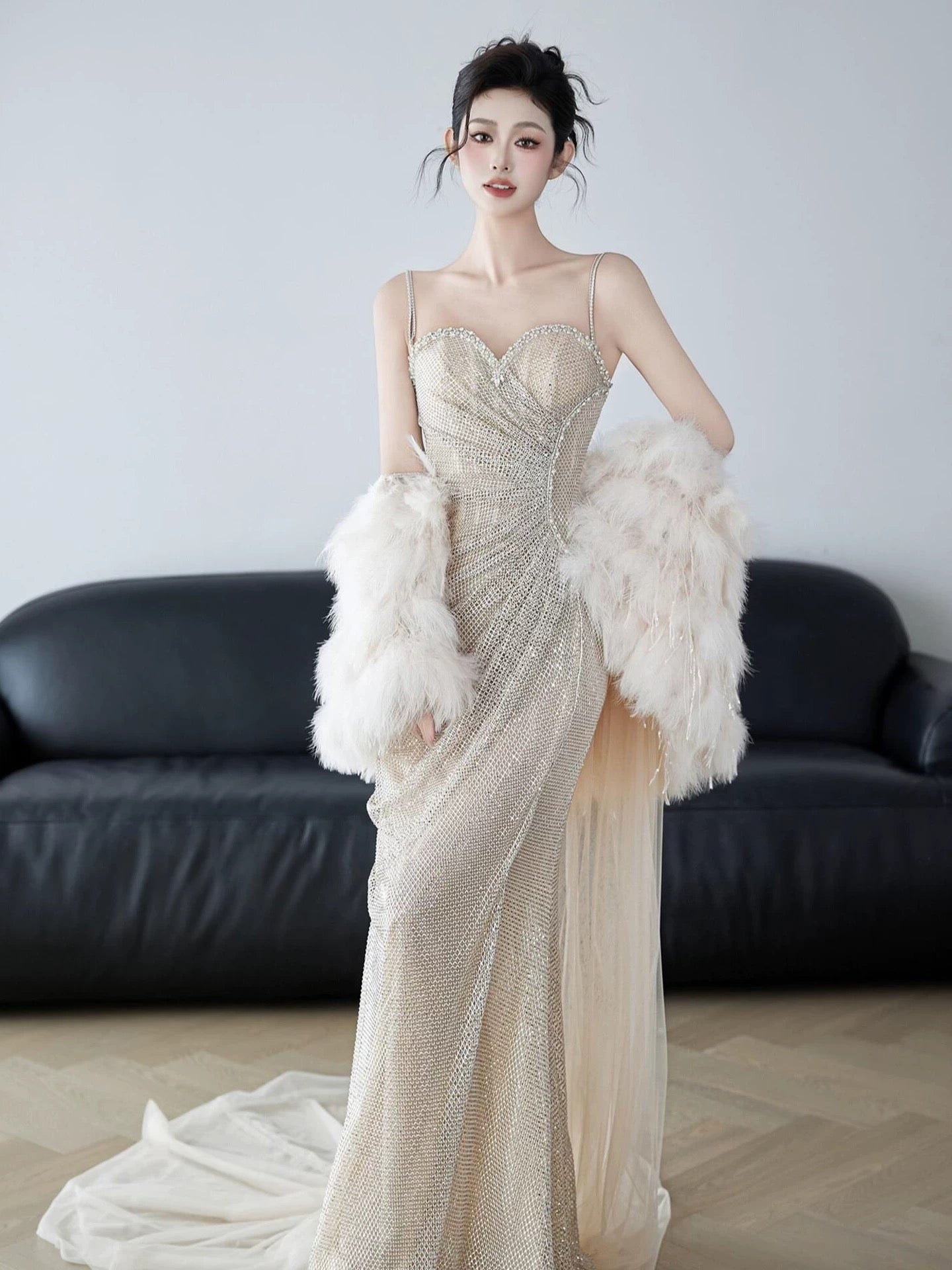 Glitzer Meerjungfrau Spaghettiträger Champagner Pailletten Abend Lang Formelle Party Outfits RB3743