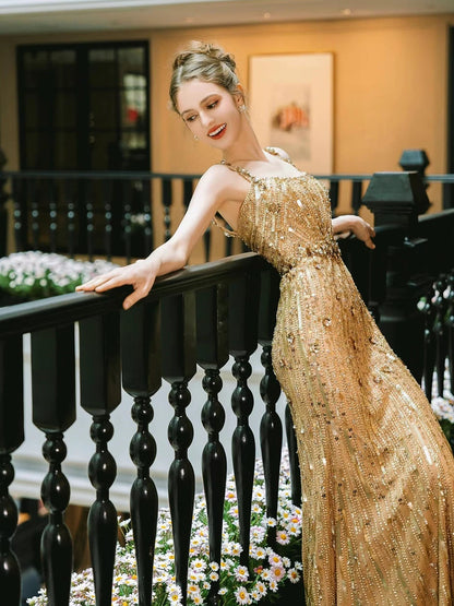 Robes de soirée longues à col carré, à sequins dorés, sirène, à la mode, pour le bal de promo, tenues de soirée longues RB3757