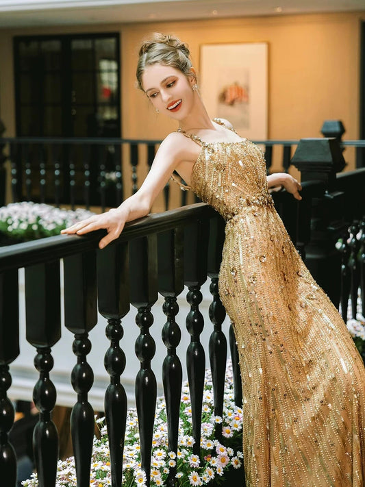 Trendy Mermaid Gold Sequin Long Formal Square Neck Prom Dresses Evening Long Formal Party Outfits RB3757