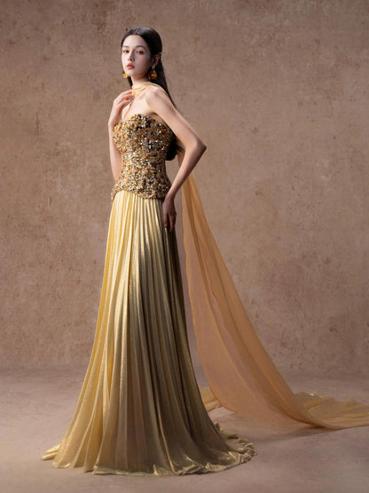 Robes de soirée longues et formelles sans manches à paillettes dorées, coupe trapèze et bustier RB3744