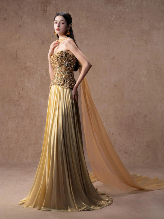 Glitzerndes, trägerloses, ärmelloses A-Linien-Abendkleid mit Pailletten in Gold, langes formelles Partykleid RB3744