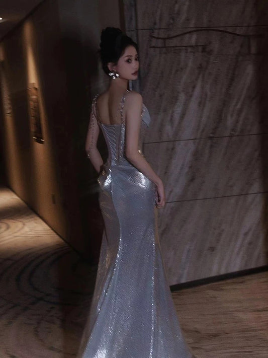 Trendy Mermaid Off The Shoulder Silver Sequin With Ruched Prom Dresses Evening Long Formal Party Outfits RB3747