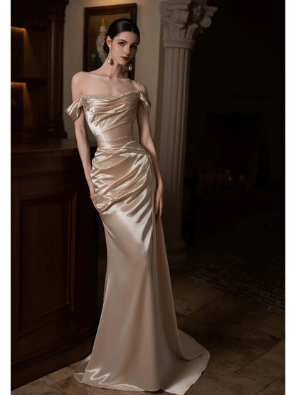 Trendy Mermaid Off The Shoulder Gold Satin With Ruched Prom Dresses Evening Long Formal Party Outfits RB3748