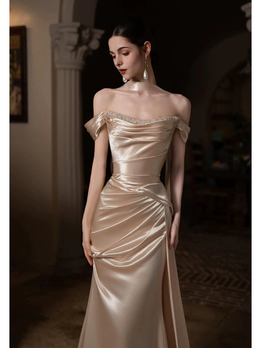 Trendy Mermaid Off The Shoulder Gold Satin With Ruched Prom Dresses Evening Long Formal Party Outfits RB3748