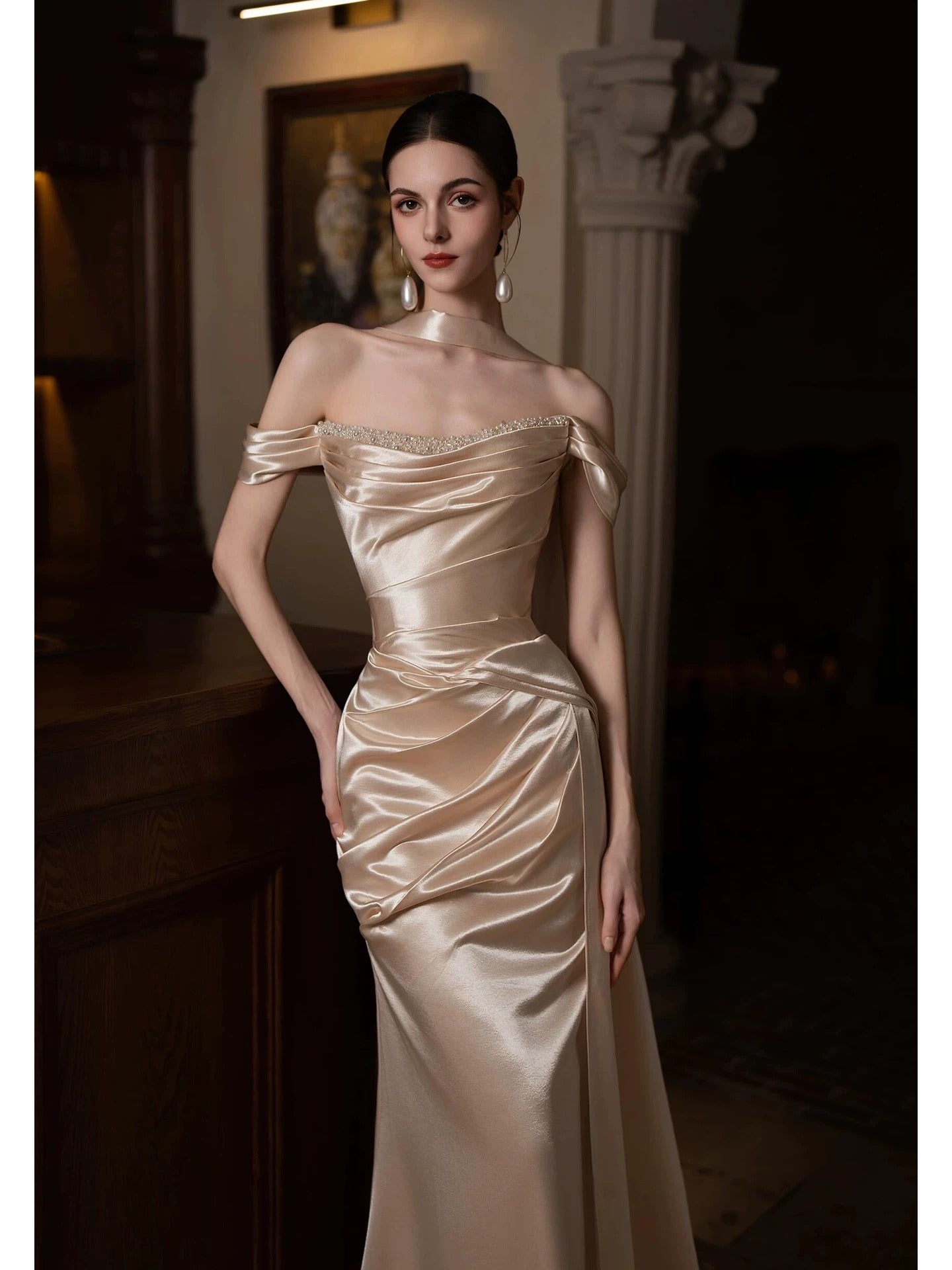 Trendy Mermaid Off The Shoulder Gold Satin With Ruched Prom Dresses Evening Long Formal Party Outfits RB3748