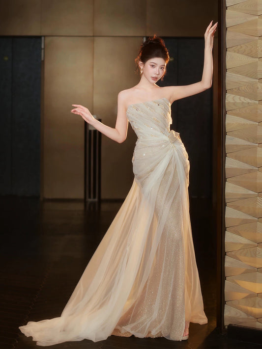 Trendy Mermaid Ruffle Long Formal Slit Beaded Sequin Corset Prom Dresses Evening Long Formal Party Outfits RB3749