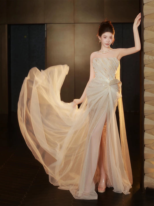 Trendy Mermaid Ruffle Long Formal Slit Beaded Sequin Corset Prom Dresses Evening Long Formal Party Outfits RB3749