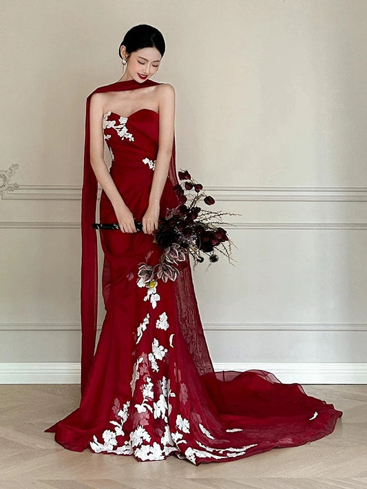 Trendy Mermaid Ruffle Long Formal Sweetheart Red Corset Prom Dresses Evening Long Formal Party Outfits RB3750