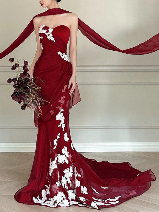Trendy Mermaid Ruffle Long Formal Sweetheart Red Corset Prom Dresses Evening Long Formal Party Outfits RB3750