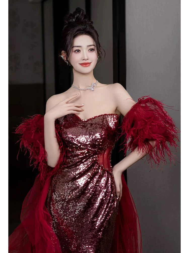 Shinning Mermaid Strapless Sequin Burgundy Slit Prom Dresses Formal Dress 18th Birthday Outfits Prom Gown RB1781