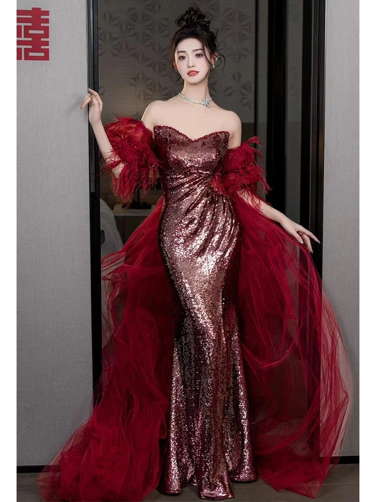 Shinning Mermaid Strapless Sequin Burgundy Slit Prom Dresses Formal Dress 18th Birthday Outfits Prom Gown RB1781