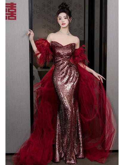 Shinning Mermaid Strapless Sequin Burgundy Slit Prom Dresses Formal Dress 18th Birthday Outfits Prom Gown RB1781
