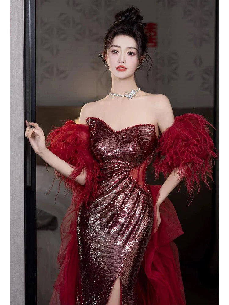 Shinning Mermaid Strapless Sequin Burgundy Slit Prom Dresses Formal Dress 18th Birthday Outfits Prom Gown RB1781
