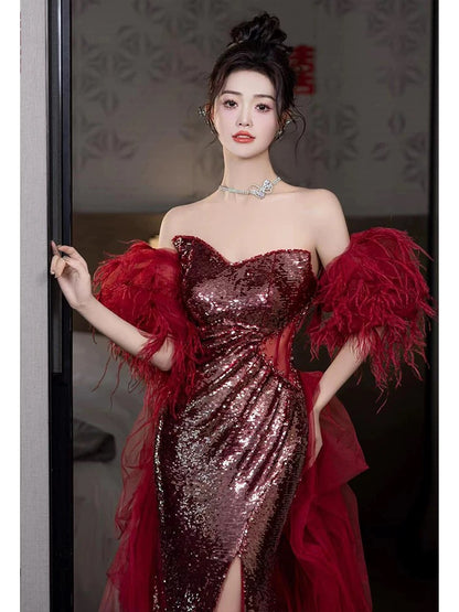 Shinning Mermaid Strapless Sequin Burgundy Slit Prom Dresses Formal Dress 18th Birthday Outfits Prom Gown RB1781