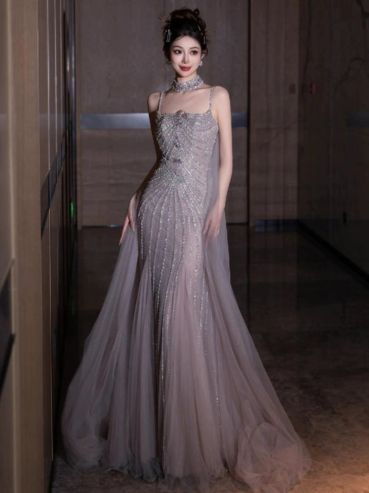 Glam Mermaid Spaghetti Strap Tulle Grey Prom Dresses Evening Long Semi Formal Dress RB3753