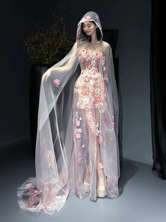 Glam Mermaid Floral Pink Tulle Prom Dresses Evening Long Semi Formal Dress RB3754