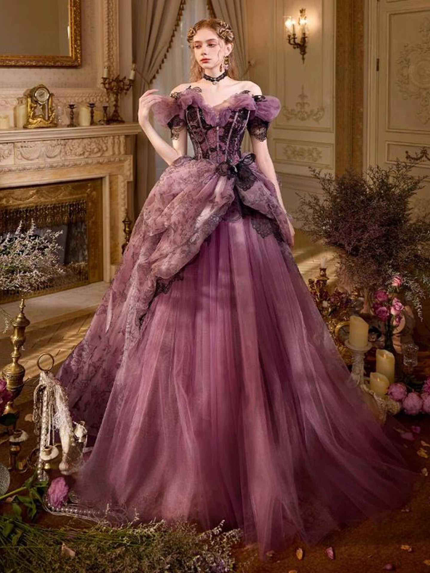 Robes de bal de princesse en tulle violet, épaules dénudées, pour soirée Sweet 16, longue robe de soirée formelle RB3755