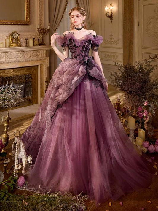 Prinzessin Abschlussballkleider Ballkleid Off-Shoulder Tüll Traube Sweet 16 Abend Langes Festliches Kleid RB3755
