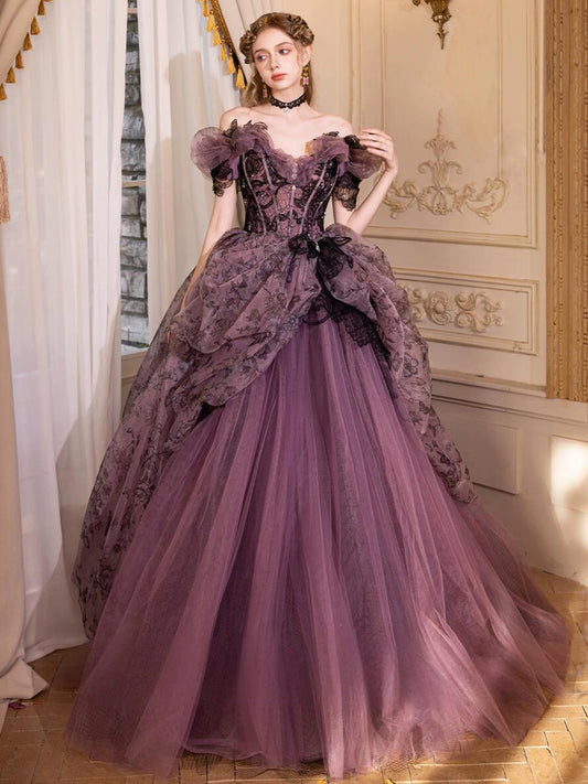 Prinzessin Abschlussballkleider Ballkleid Off-Shoulder Tüll Traube Sweet 16 Abend Langes Festliches Kleid RB3755