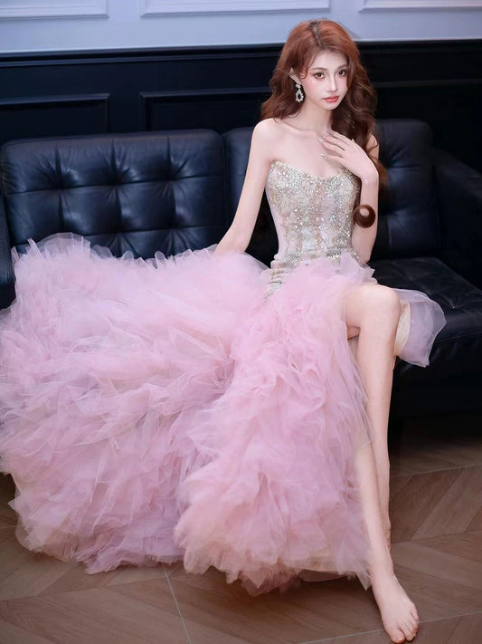 Trendy Mermaid Ruffle Long Formal Sweetheart Pink Corset Prom Dresses Evening Long Formal Party Outfits RB3756