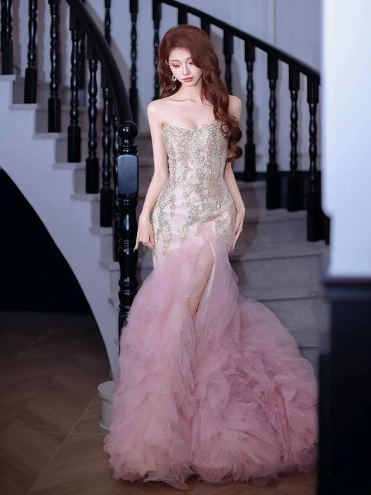 Trendy Mermaid Ruffle Long Formal Sweetheart Pink Corset Prom Dresses Evening Long Formal Party Outfits RB3756