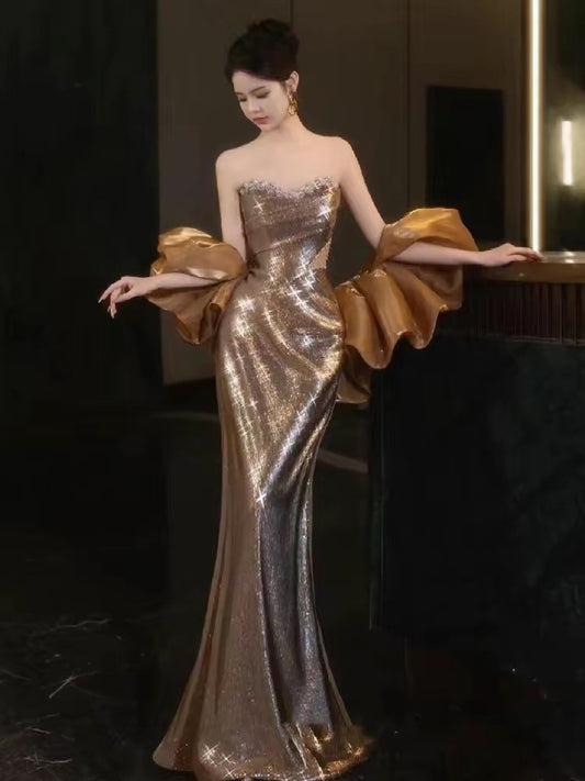 Sparkly Mermaid Sweetheart Gold Sequin With Cape Long Floor Length Evening Dresses Inspo Evening Outfits RB5167