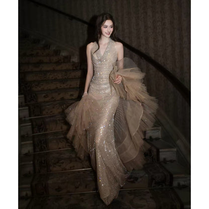 Sparkly Mermaid Halter Champagne Sequin With Cape Long Evening Dresses Inspo Evening Outfits RB5172
