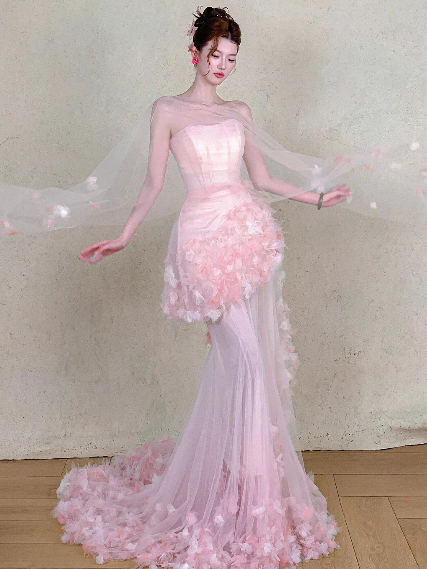 Modest Mermaid Strapless Pink With Flowers Tulle Long Evening Dresses Ideas Evening Outfits RB5169