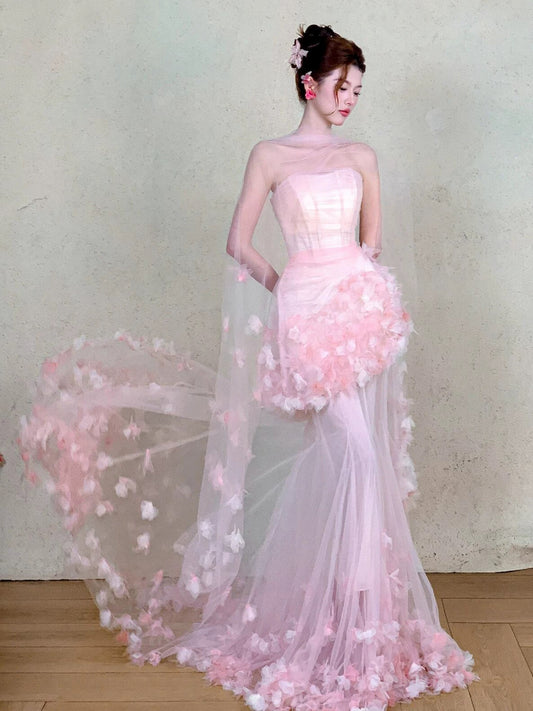 Modest Mermaid Strapless Pink With Flowers Tulle Long Evening Dresses Ideas Evening Outfits RB5169