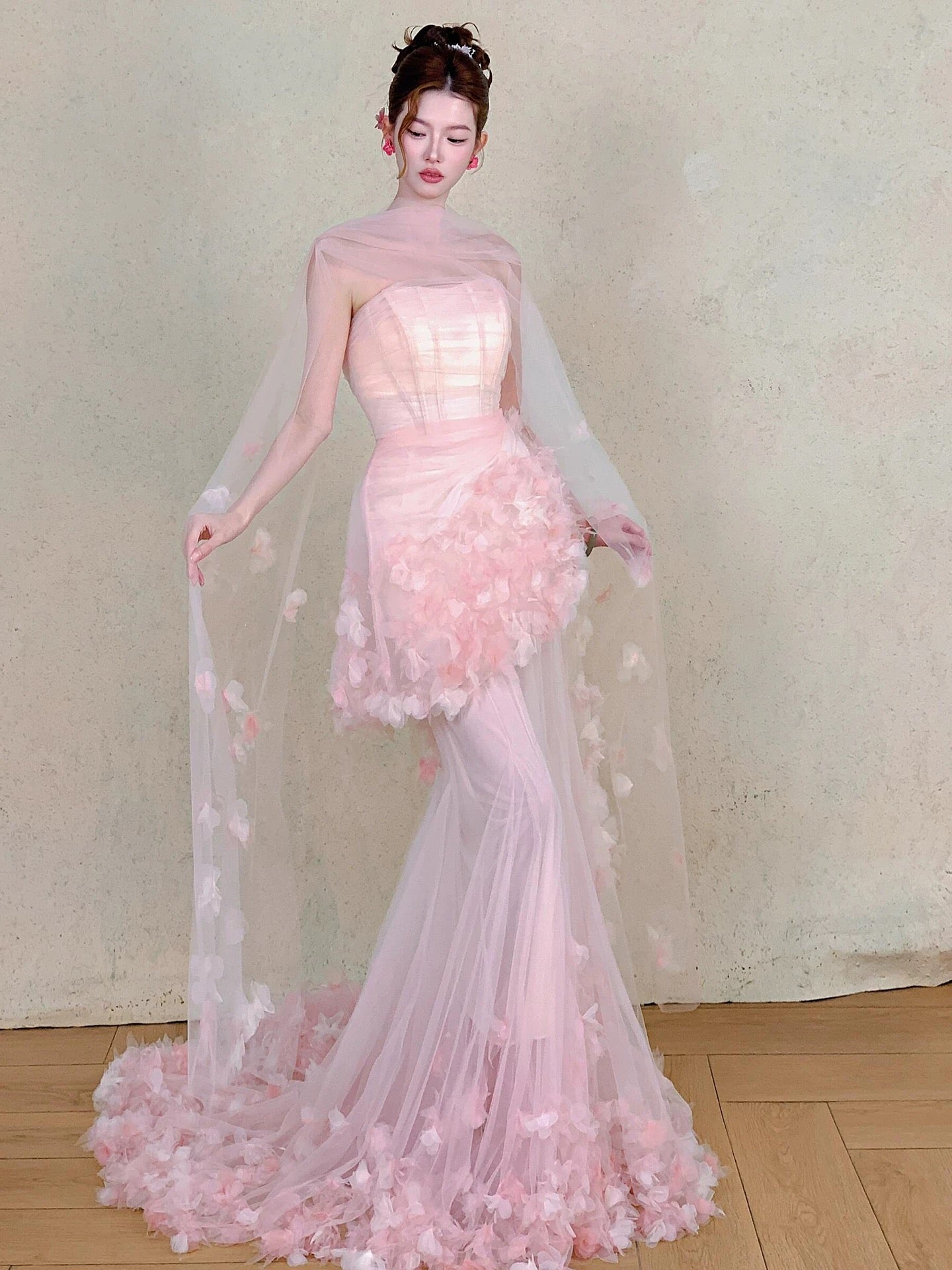Modest Mermaid Strapless Pink With Flowers Tulle Long Evening Dresses Ideas Evening Outfits RB5169